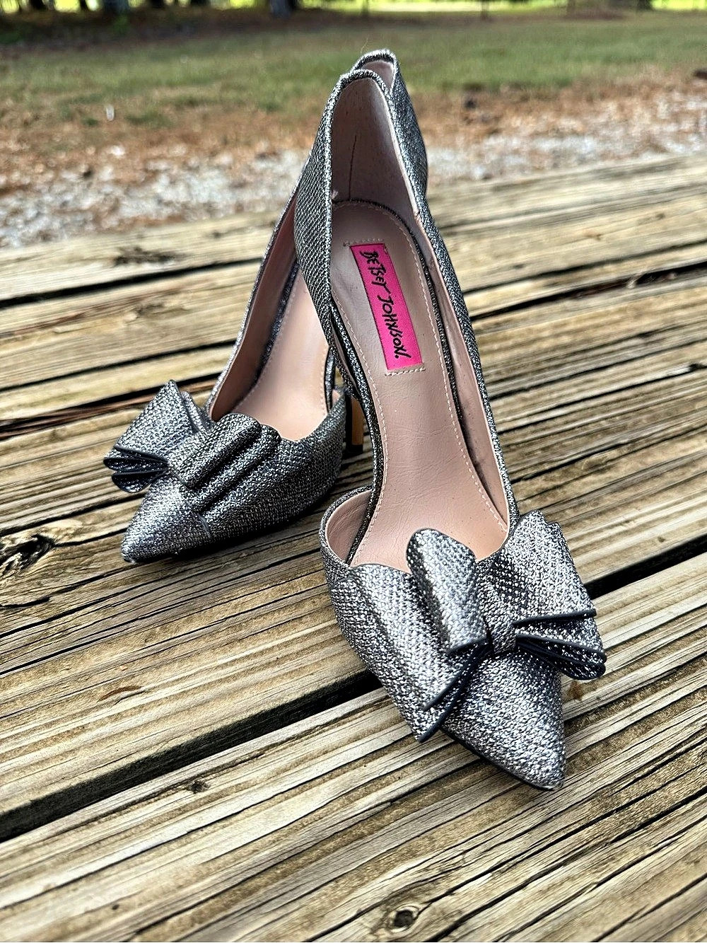 Betsey Johnson Glitter Bow Heels in Silver